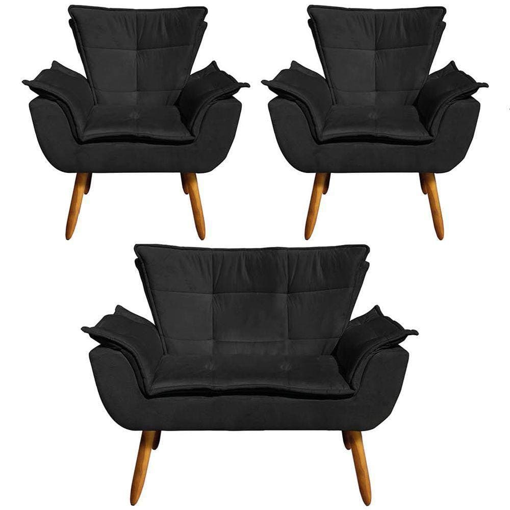 2 Poltronas E 1 Namoradeira Pés Palito Charger Suede Preto