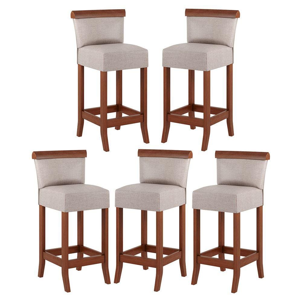 Kit 5 Banquetas Média Estofada Encosto Diamantina 36x90Cm Balcão Madeira Maciça Linho Bege M58 - RMI
