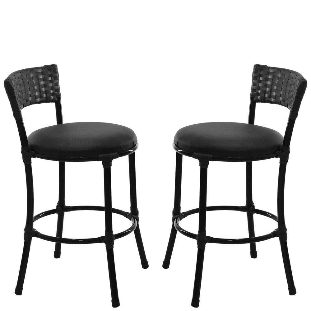 2 Banquetas Forts Baixa Fibra Sintética E Ferro, Assento Estofado - Preto