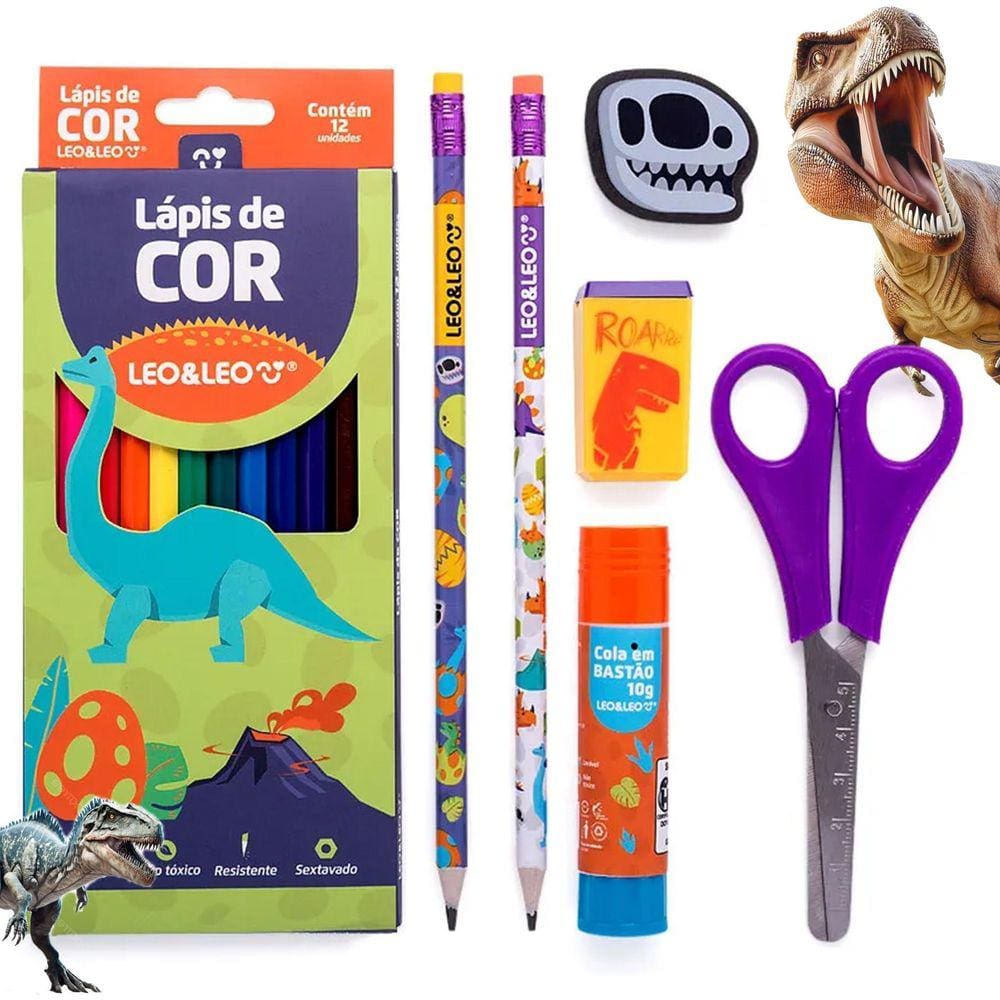 Lapis De Cor 12 Cores Dino - Kit Escolar 6 Peças Premium