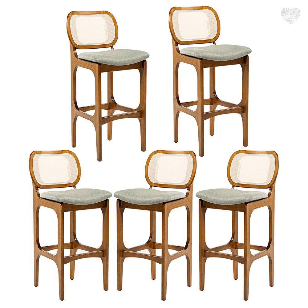 Kit 5 Banquetas Alta para Balcão Decor Madeira Imbuia Encosto Rattan Linho Verde L84 RMI