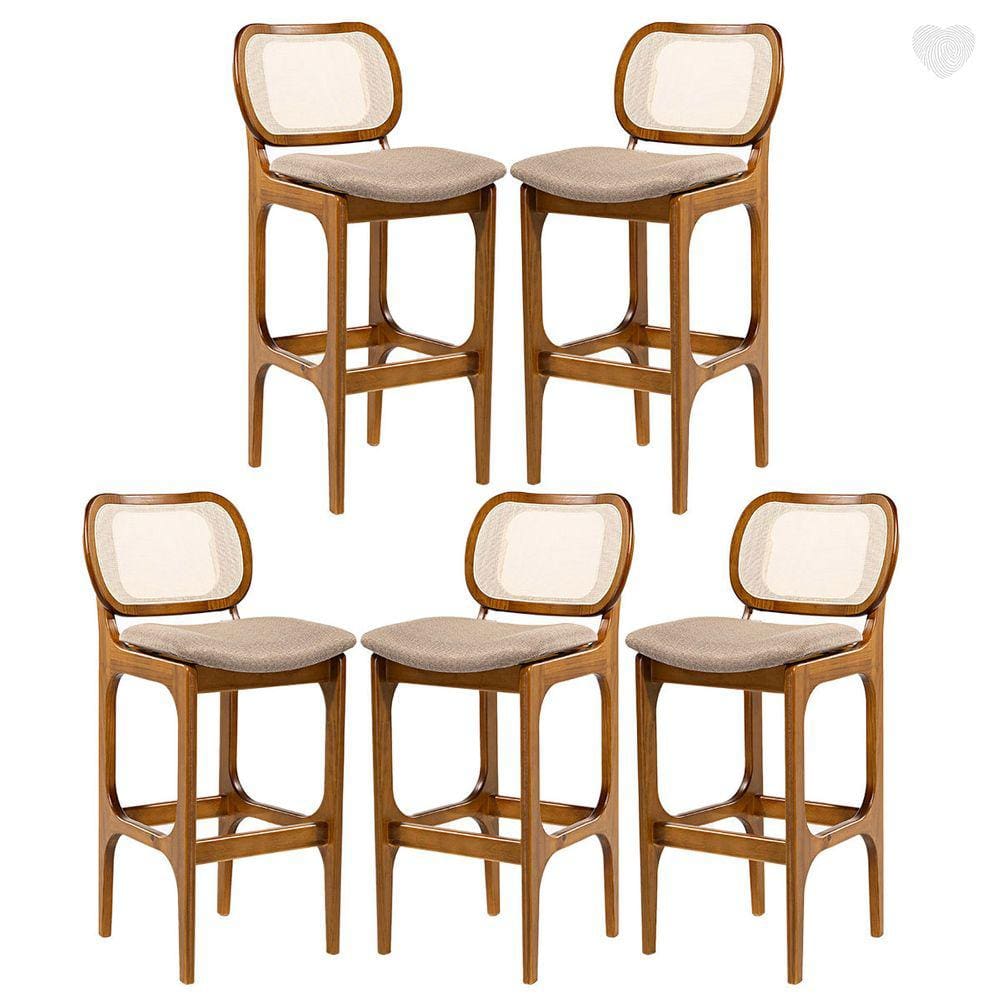 Kit 5 Banquetas Alta para Balcão Decor Madeira Imbuia Encosto Rattan Linho Marrom L87 RMI