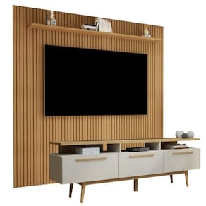 Rack para Tv até 70 Polegadas 3 Porta San Paulo com Estante Home Suspenso Frisado Curitiba Off White/Cinamomo