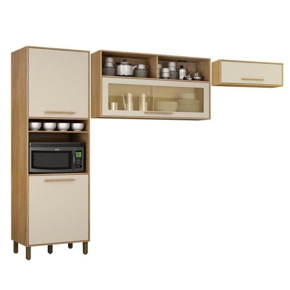 Cozinha Compacta 2 Armários Aéreos e 1 Paneleiro Salvador Cinamomo/Off White