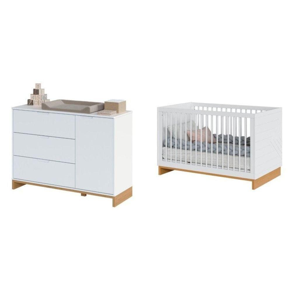 Conjunto Berço 2 em 1 e Cômoda Cubo Branco/Plátano