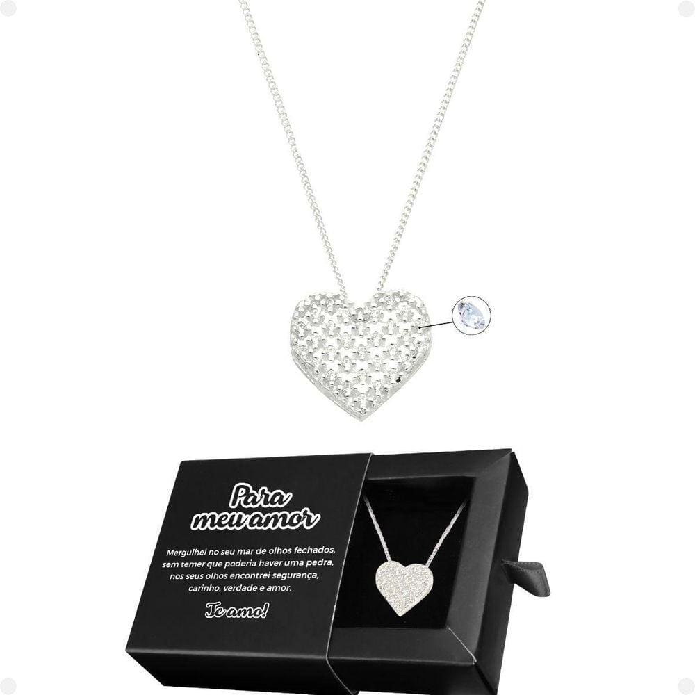 Colar Aço Feminino + Pingente Strass Amor Coração + Caixa