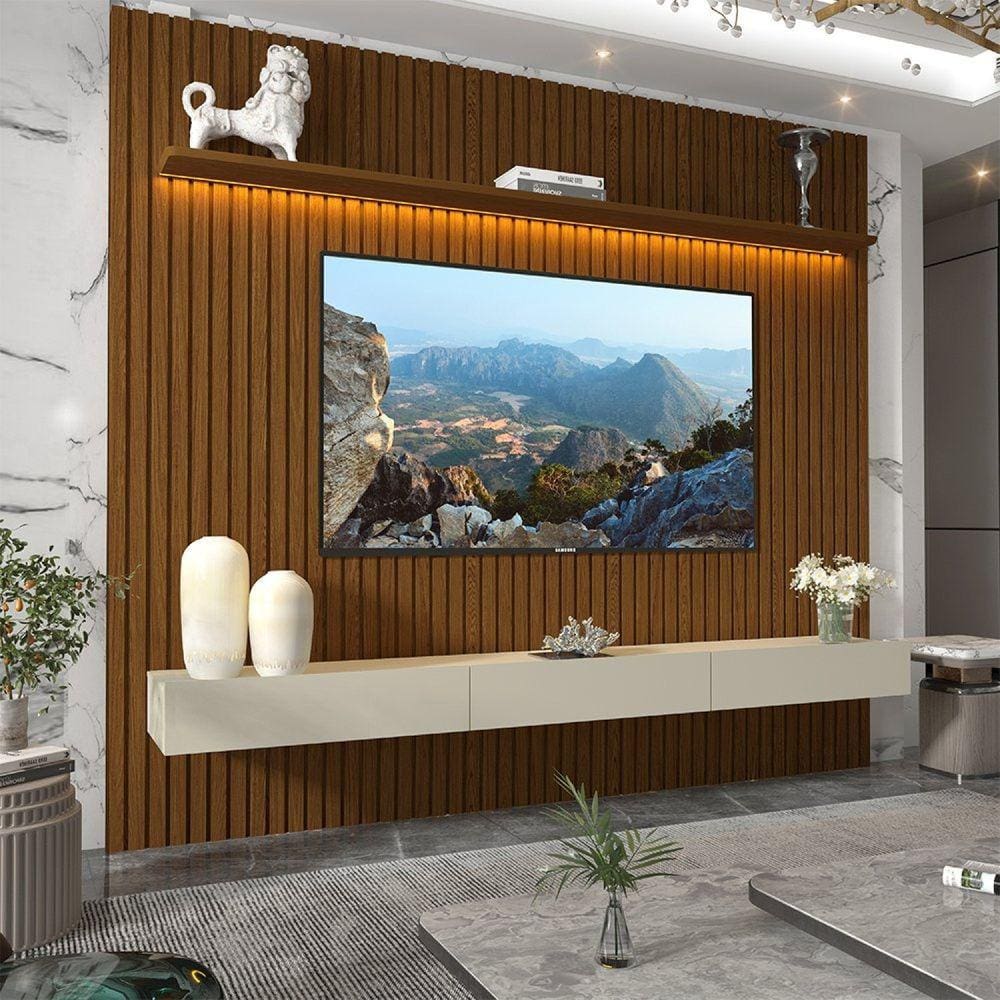 Painel para Tv até 85 Polegadas Ripado com Led Nobre 230cm Castanho/Off White