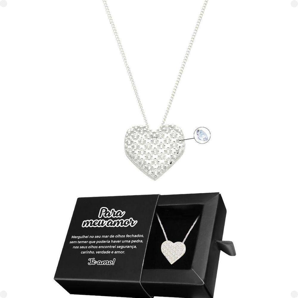 Colar Aço Feminino + Pingente Strass Amor Coração + Caixa