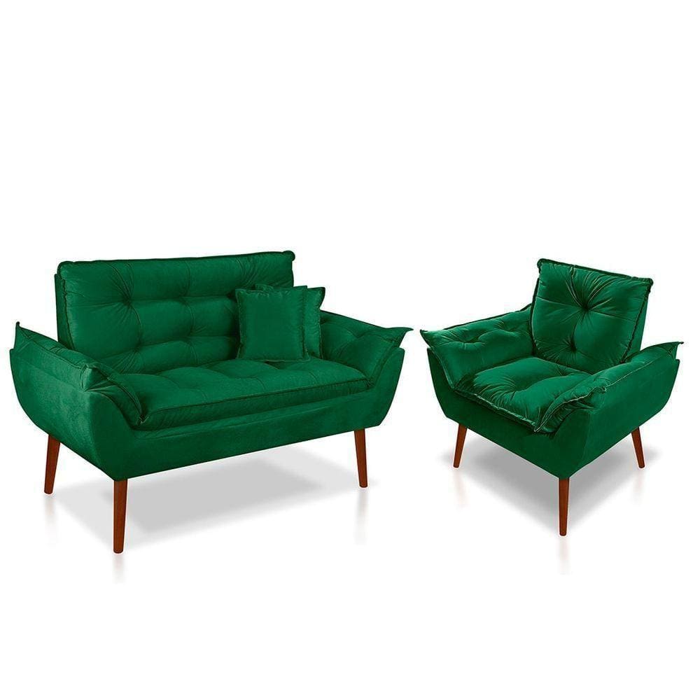 Kit 01 Poltrona Opala + 01 Namoradeira Opala + 02 Almofadas Suede Verde