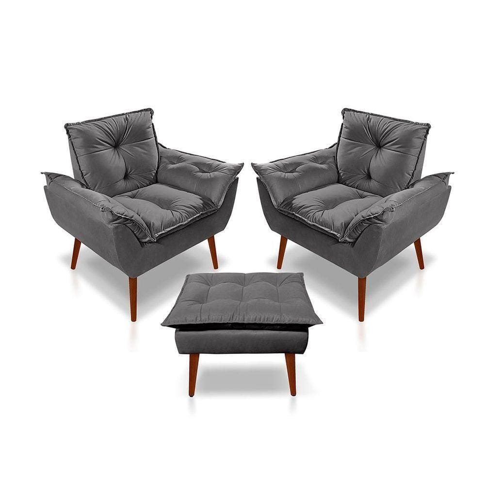 Kit C-2 Poltronas Opala + 01 Puff Opala Elegante Suede Cinza Escuro