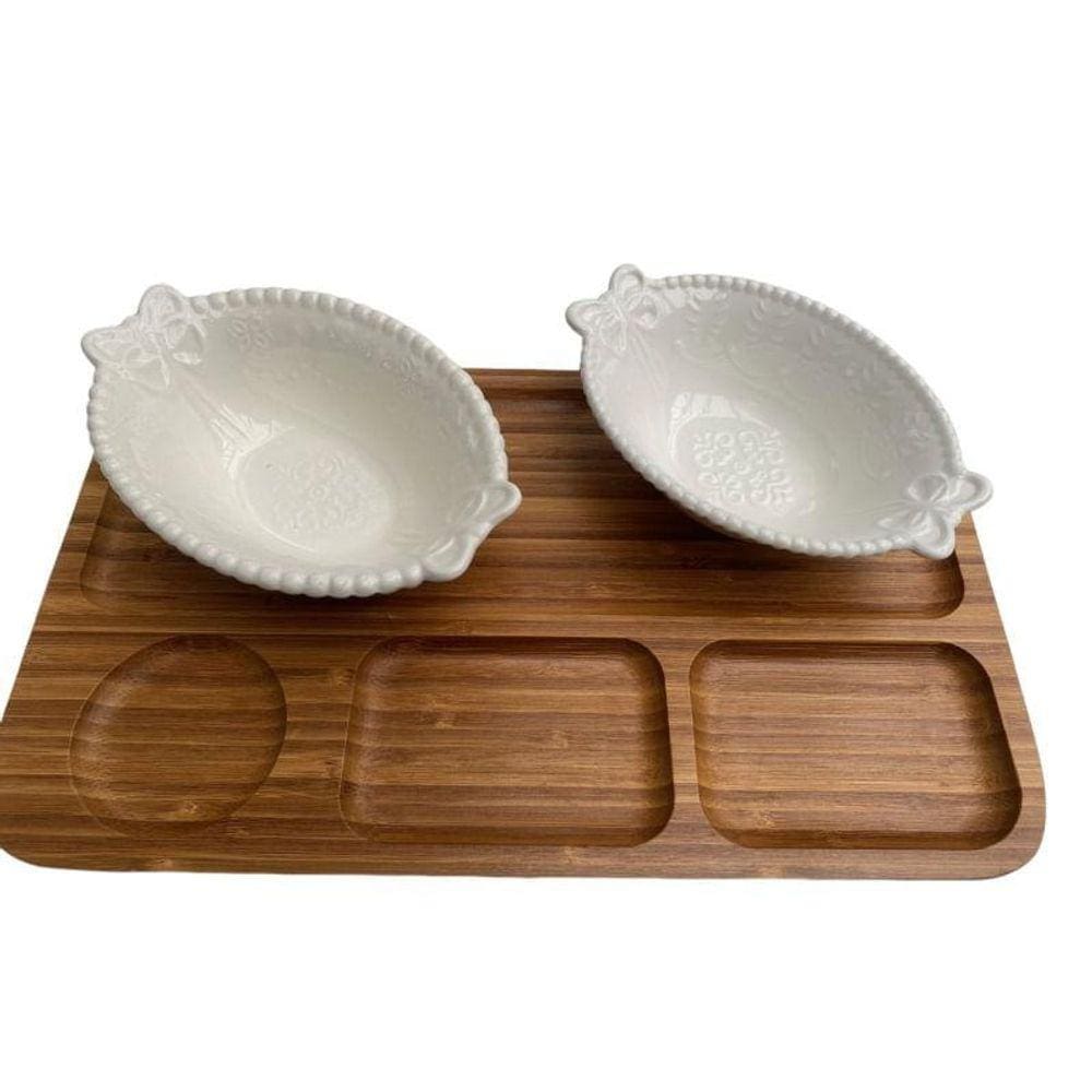 Petisqueira Bambu 4 Espaços + 2 Cumbucas Porcelana - Grande