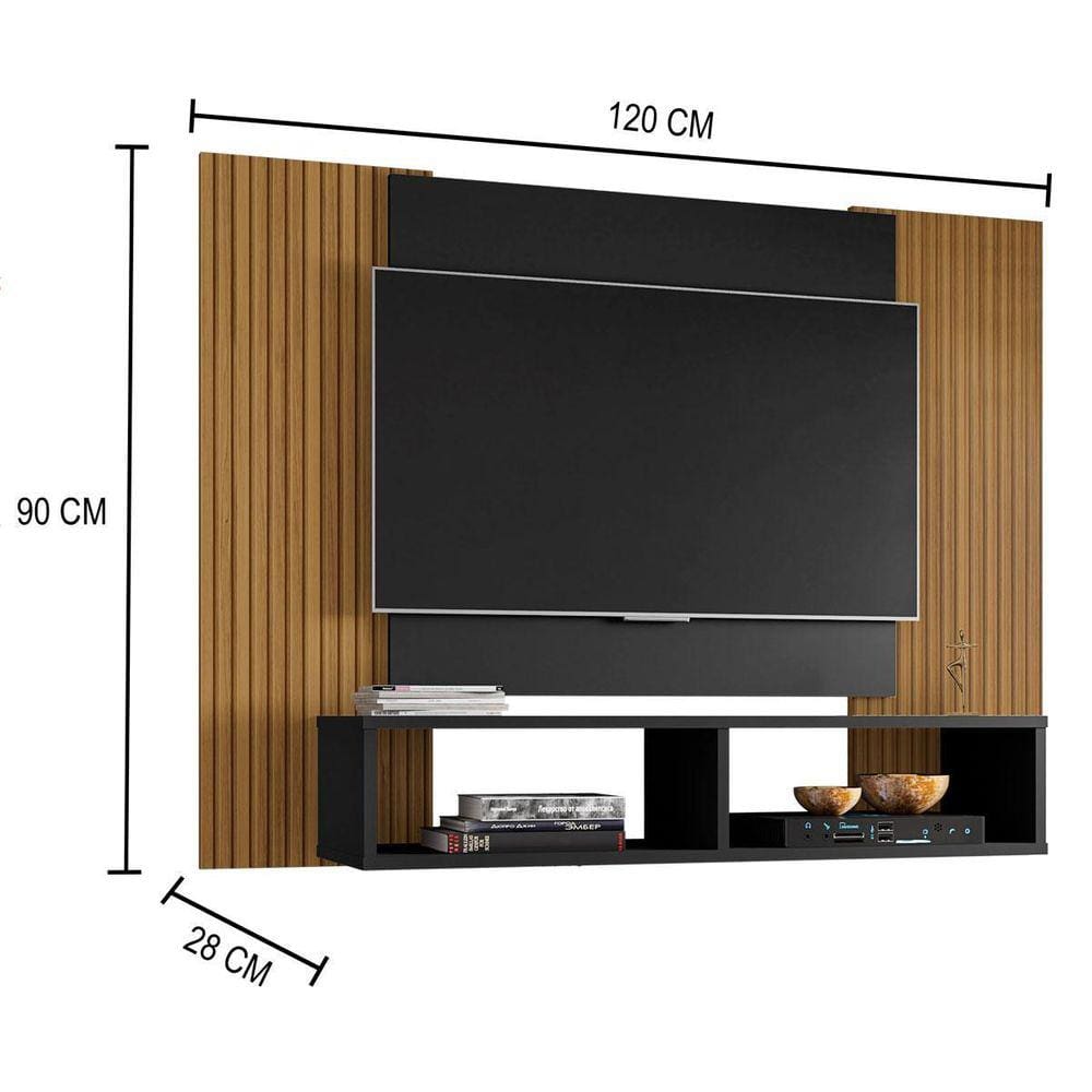 Painel Para Televisão Ripado Com Nicho Navi - Preto Ripado