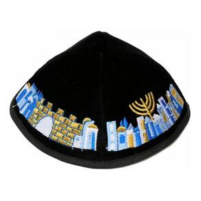 Kipa Judaico Veludo Preto - Menorah Jerusalém Bordada