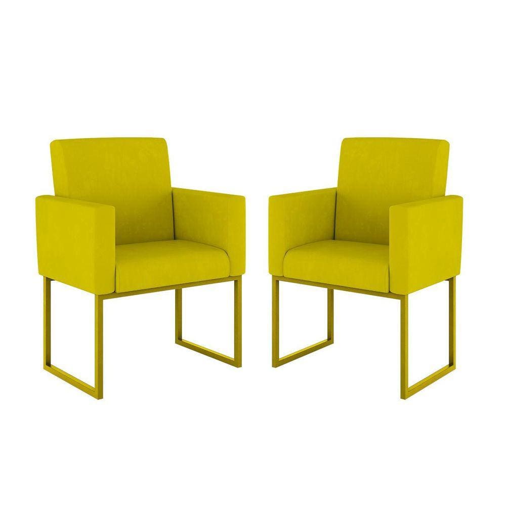 Kit 02 Cadeiras Poltrona Decorativa Sala Quarto Base Dourado