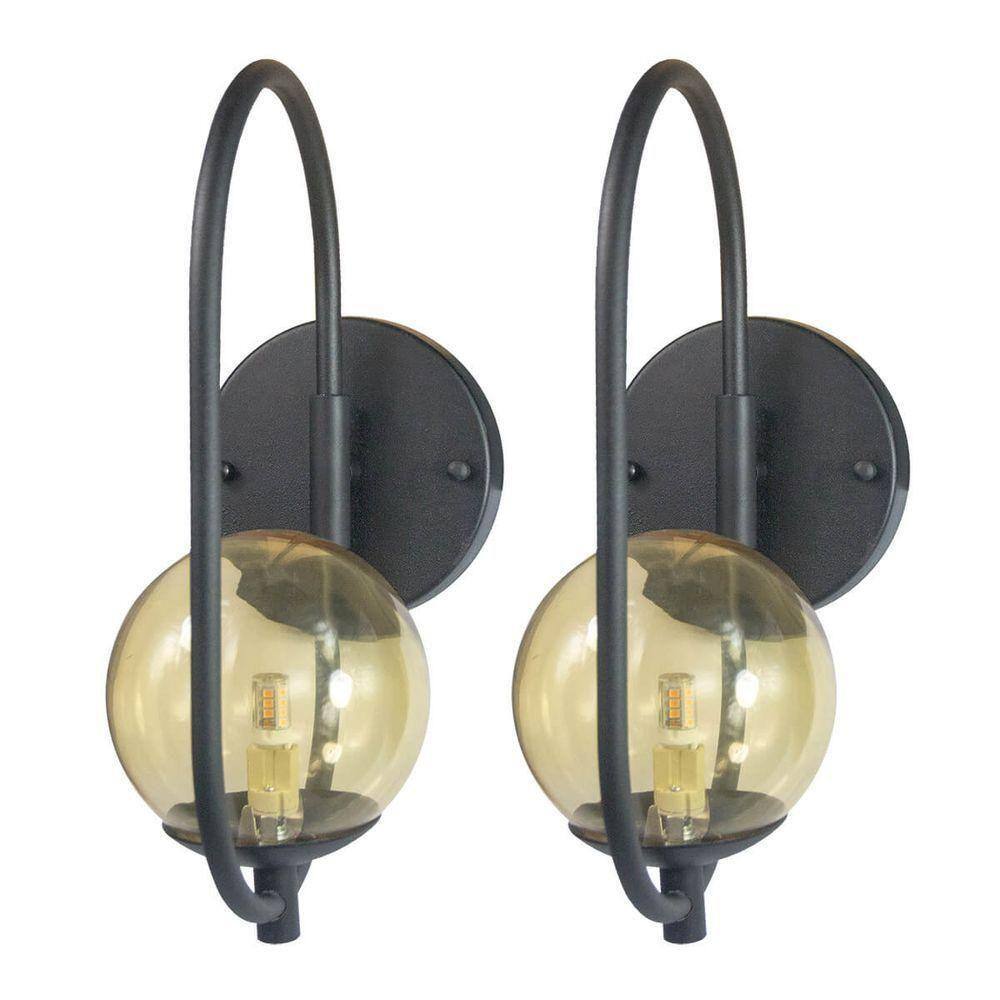 Kit 2 Arandela Online Preta Globo De Vidro Ambar + Led 5w