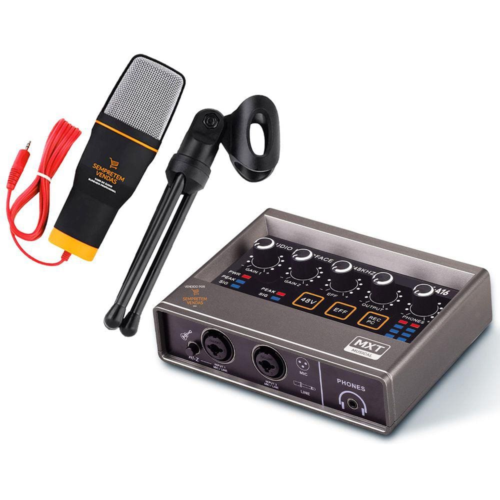 Kit Interface de Áudio Gravação e Microfone Mesa Condensador