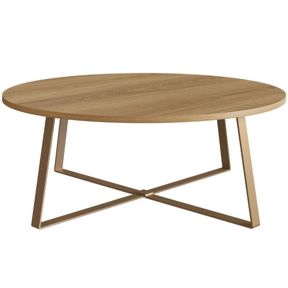 Mesa de Centro Redonda Artesano 80 cm (largura) em MDP Hanover Estrutura Metálica em Aço Dourado