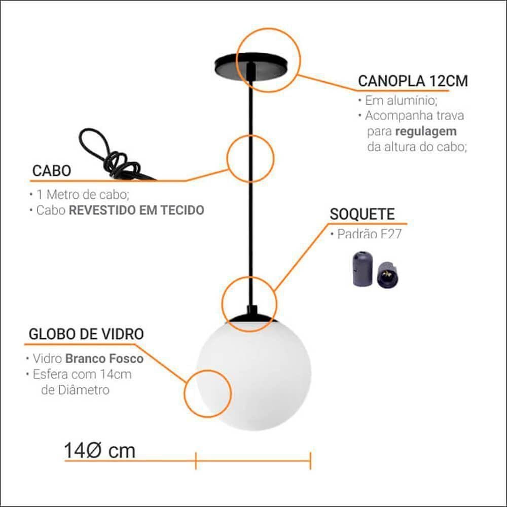Pendente Globo Esfera De Vidro Branco Fosco 14cm - Preto