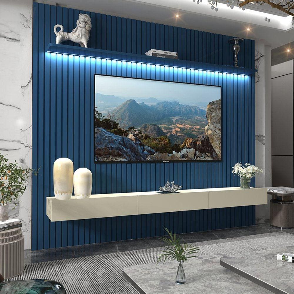 Painel para Tv até 85 Polegadas Ripado com Led Nobre 230cm Azul Royal/Off White