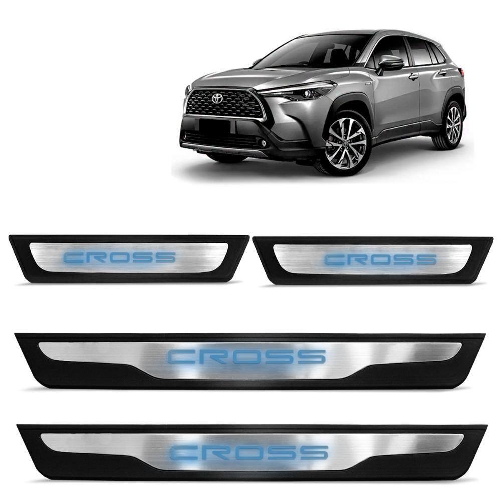 Soleira de Porta Corolla Cross 2022 2023 Aço Inox Led Azul