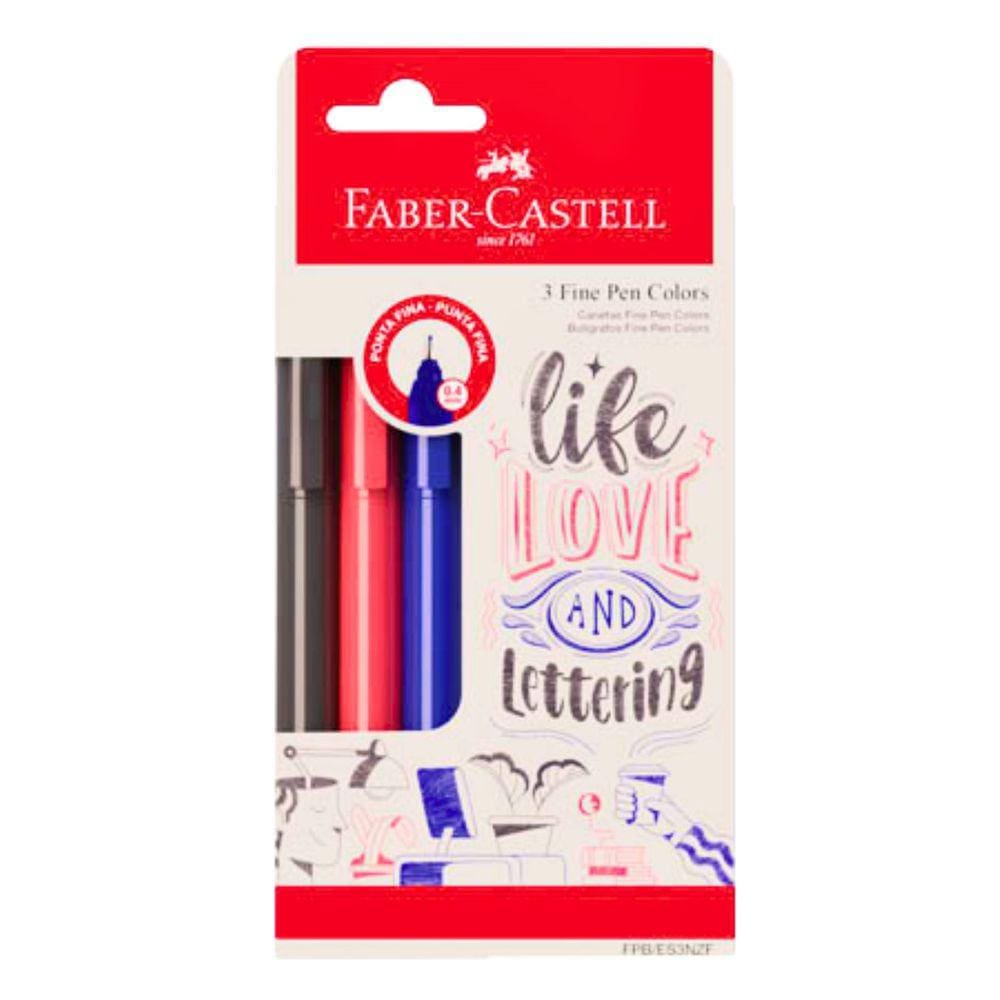 Caneta Fine Pen Colors 0.4mm Ponta Fina Estojo 3 Cores Faber Castell