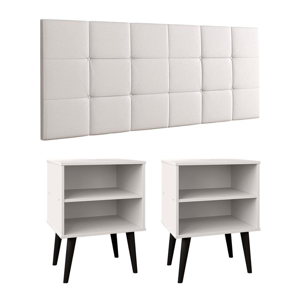 Cabeceira Estofada Cama Box Queen Bia 1,60 Corino Kit 2 Mesinhas Nicho Prateleira Pés Palito Retrô Quarto Casal Branco/Preto - RPM