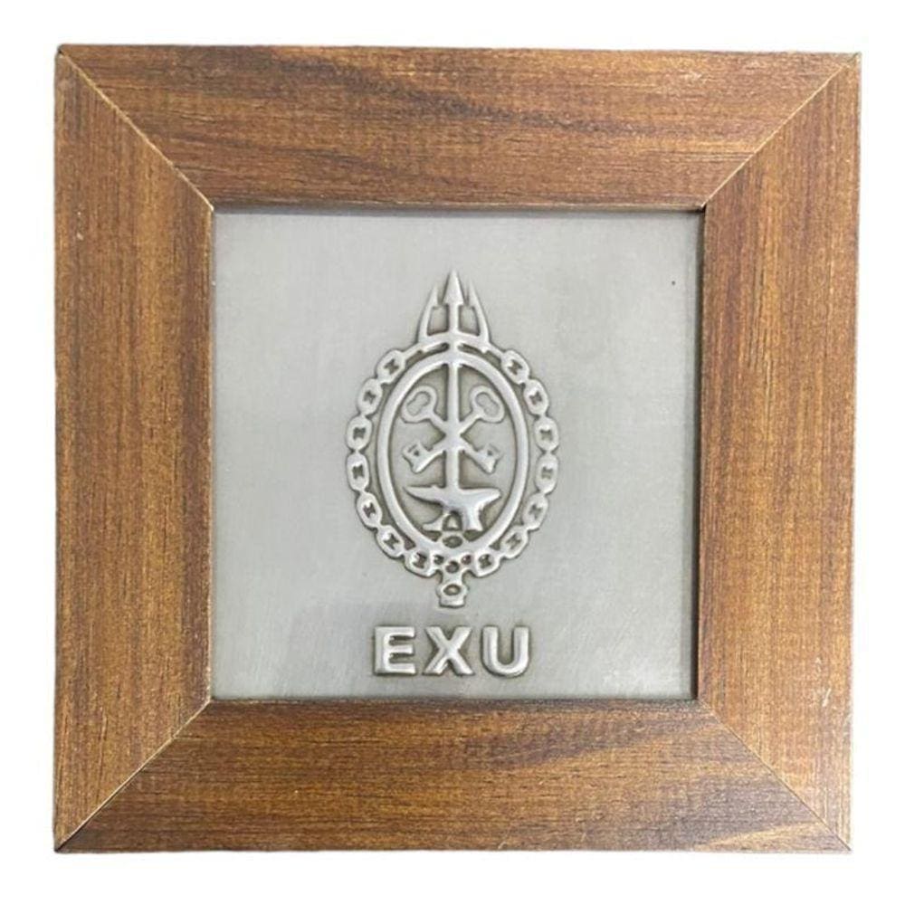 Quadro Exu Orixá Madeira Imbuia E Metal 14,5X14,5Cm