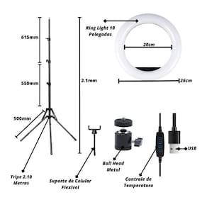Ring Light Led Circular Completo 26Cm + Tripé 2,1M