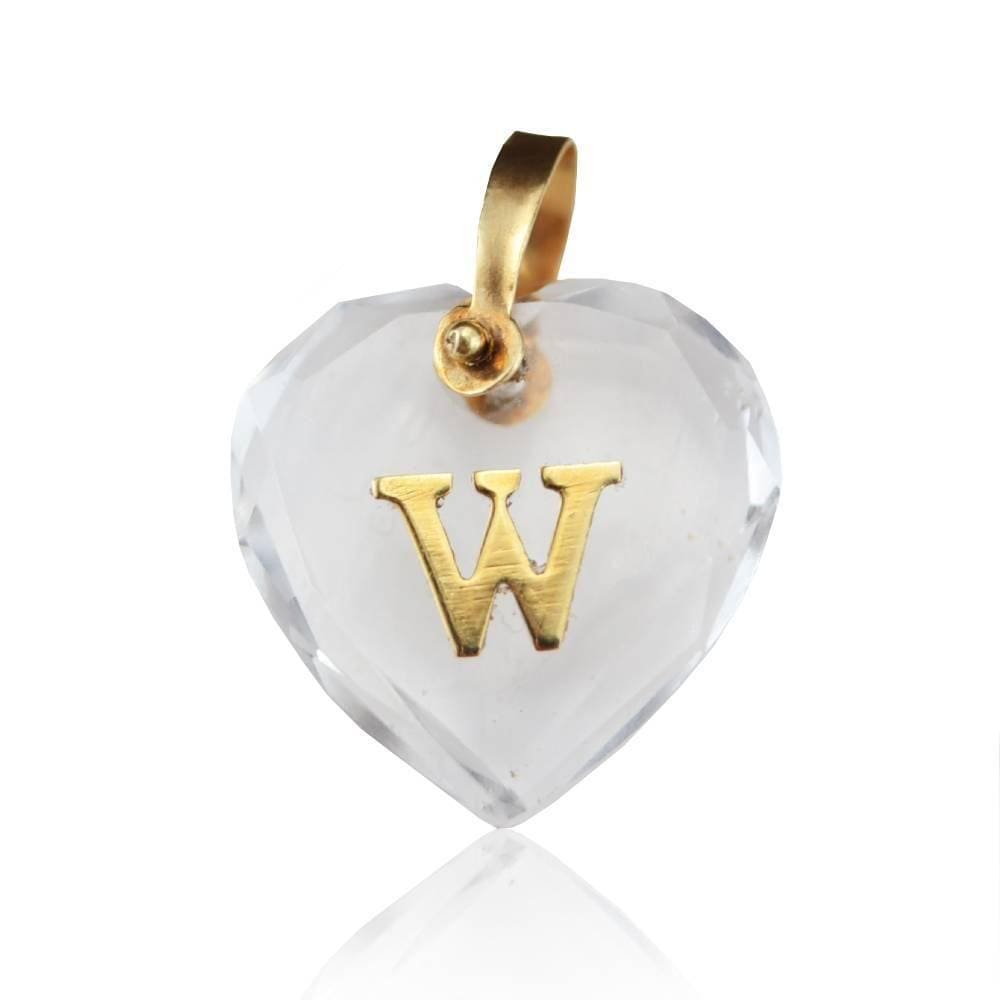 Pingente Cristal Coração Com Letra W Em Ouro 18K
