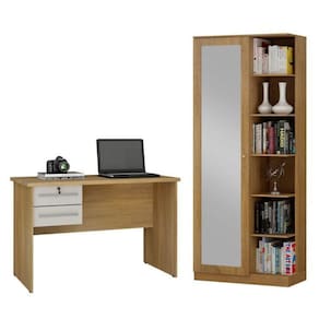 Conjunto Mesa para Computador 2 Gavetas Byte e Armário Multiuso 1 Porta com Espelho João Pessoa Cinamomo/Off White
