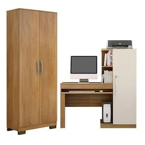 Conjunto Mesa para Computador Escrivaninha e Armário Multiuso 2 Portas Natal Cinamomo/Off White