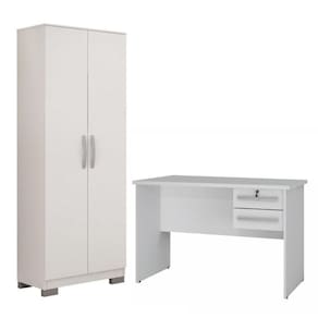 Conjunto Escrivaninha 2 Gavetas Byte e Armário Multiuso 2 Portas Natal Branco Fosco