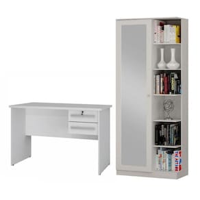 Conjunto Escrivaninha 2 Gavetas Byte e Armário Multiuso 1 Porta com Espelho João Pessoa Branco Fosco