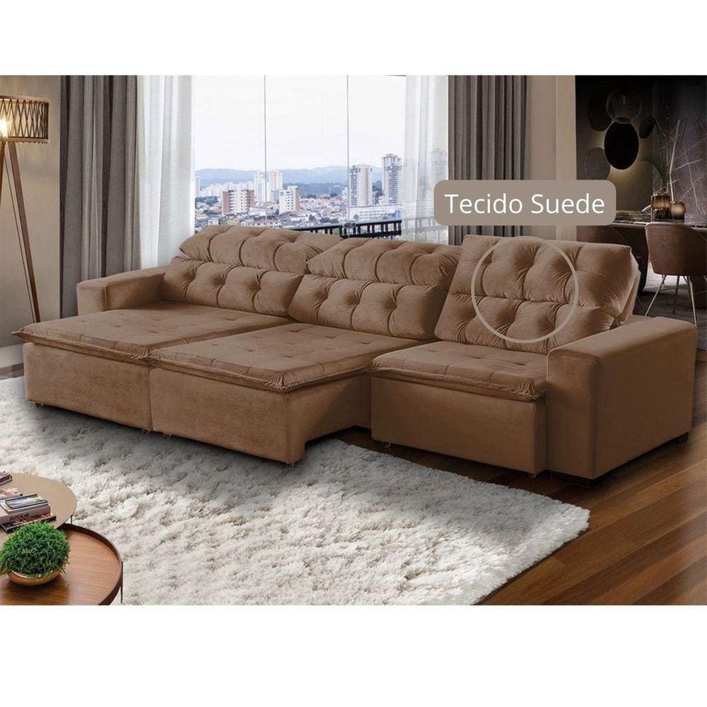 Sofá Retrátil Reclinável 8 Lugares 3m Suede Marrom Megasul