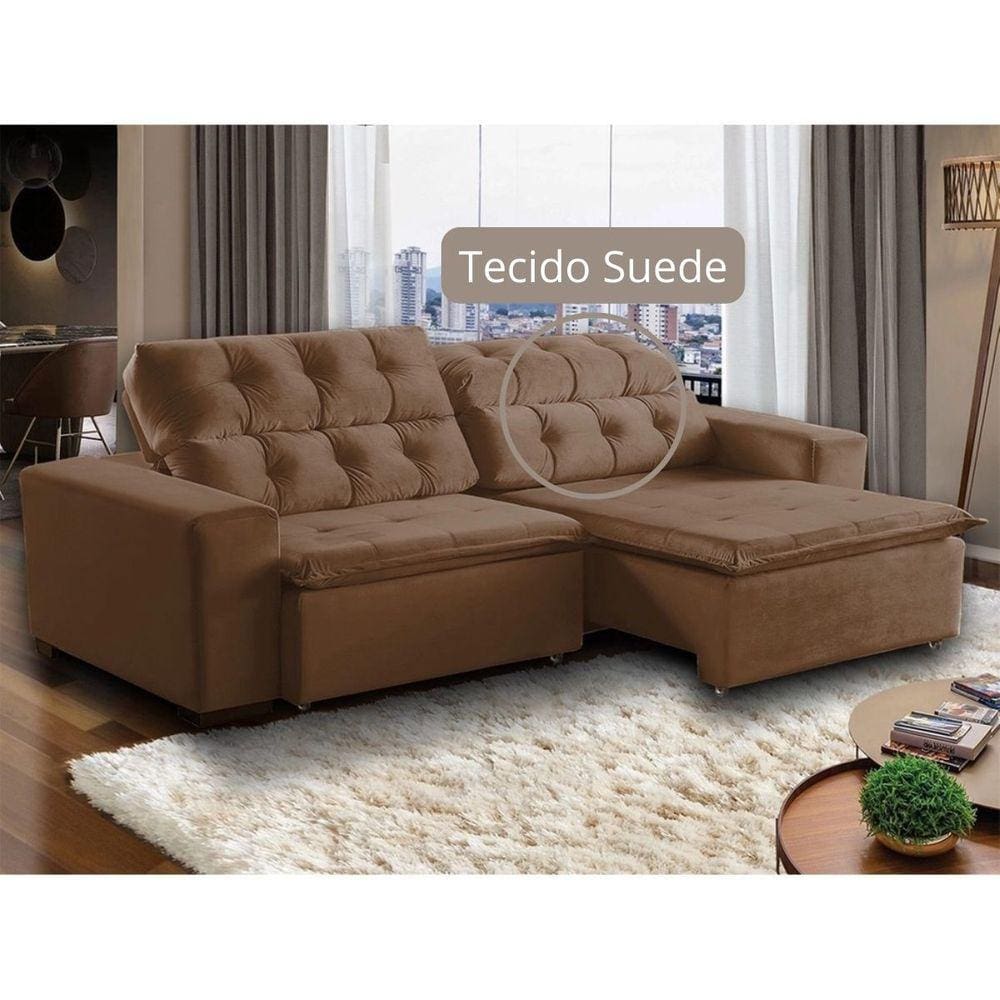 Sofá Retrátil Reclinável 5Lugares 2,7m Suede Marrom Megasul