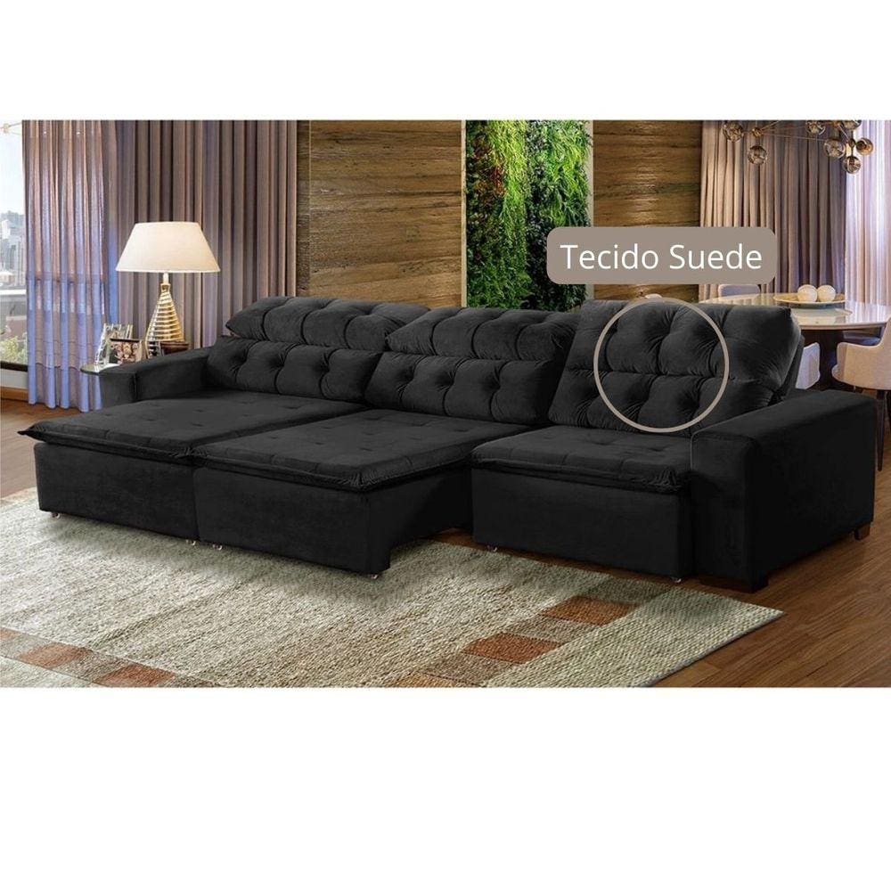 Sofá Retrátil Reclinável 6Lugares 320cm Suede Preto Megasul