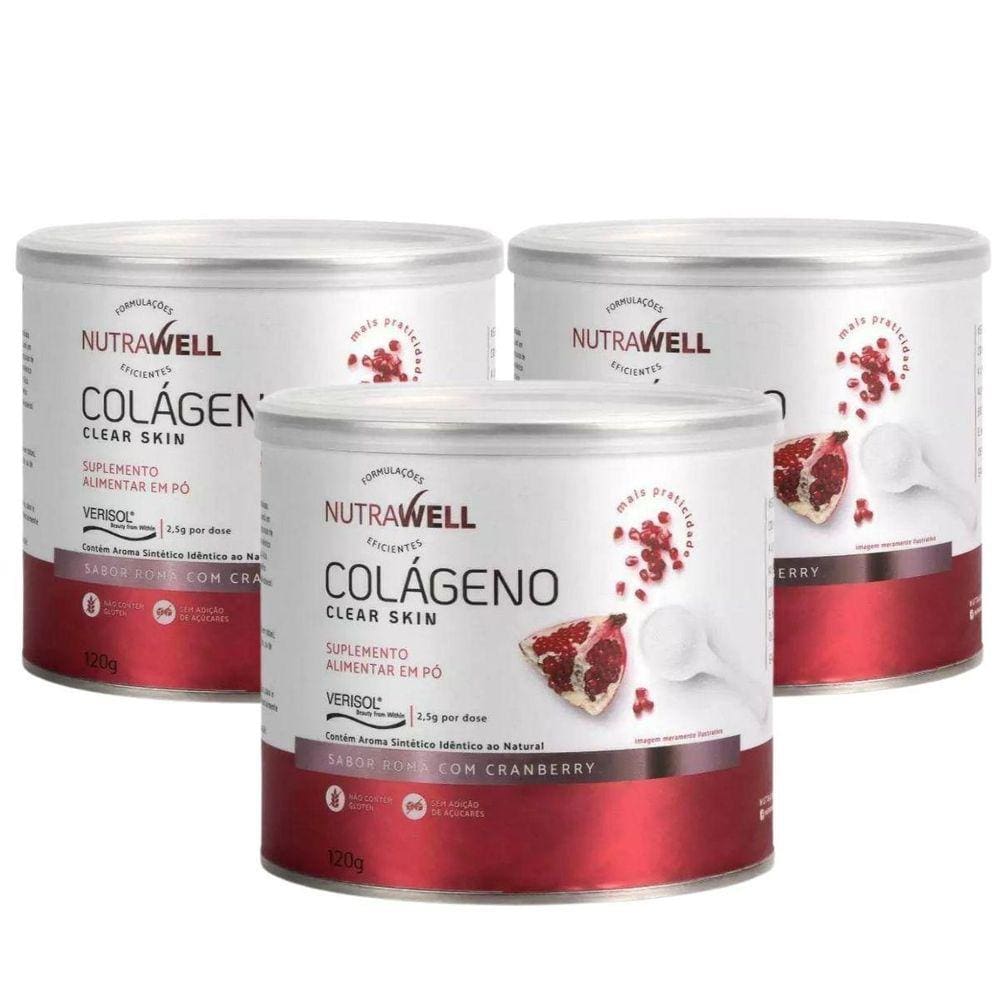 Kit 3 Colageno Verisol Clear Skin Nutrawell Romã Cranberry