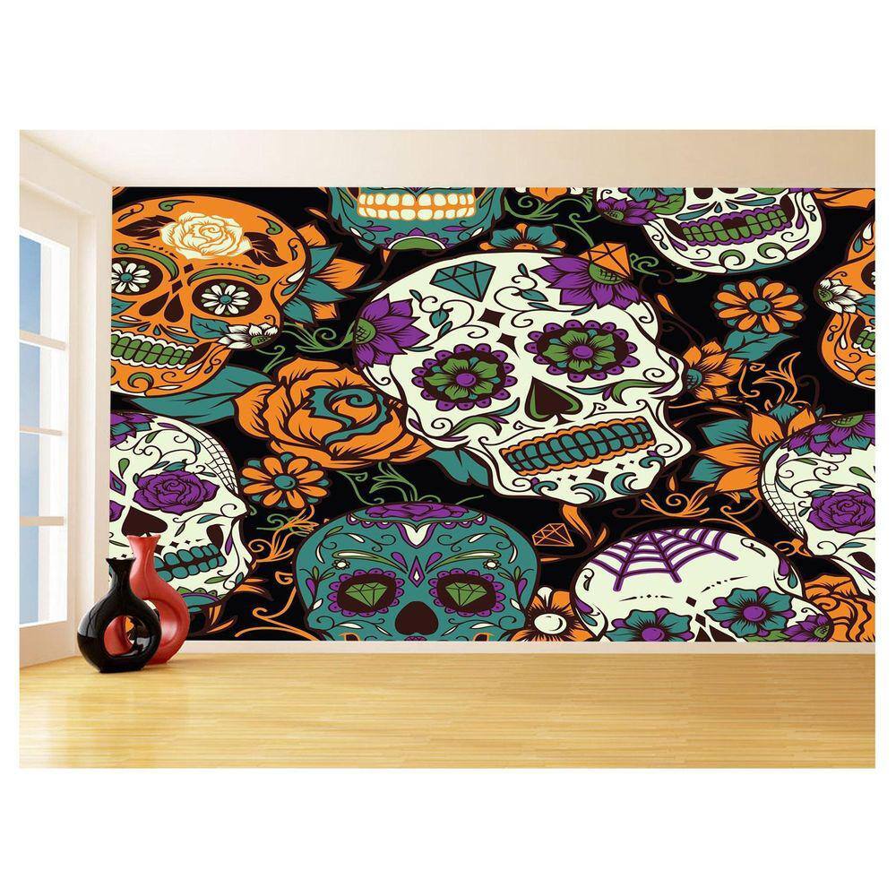 Papel De Parede 3D Arte Caveiras Mexicanas Flor 3,5M Tra133