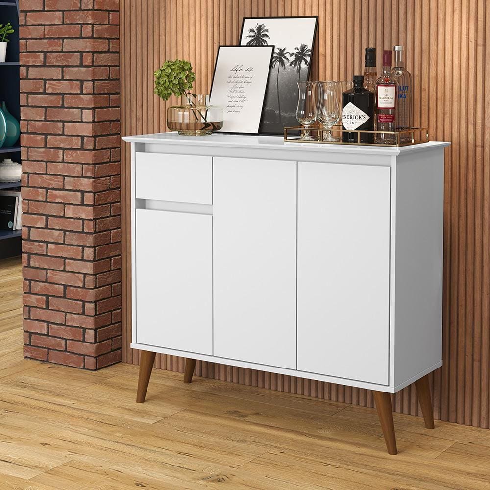Aparador Buffet Veneza 3 Portas Retrô Com Pés De Madeira Branco