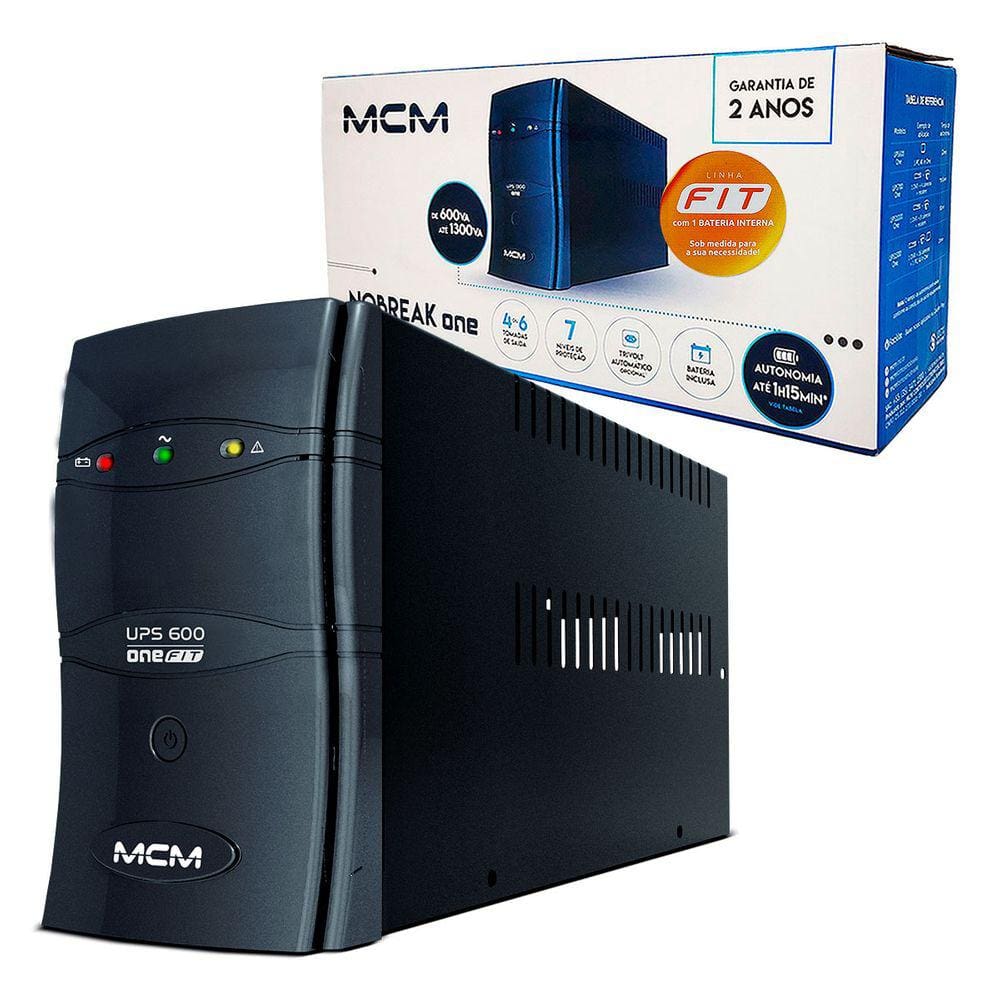 Nobreak MCM 600VA, UPS 600 ONE FIT, Entrada Bivolt, Saída 115V, 4 Tomadas, 1x Bat. 12V/5Ah - UPS0266