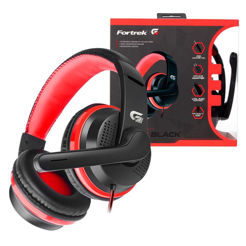 Headset Gamer Fortrek Spider Black, P3 + Adaptador P2, Driver 40mm, Preto e Vermelho