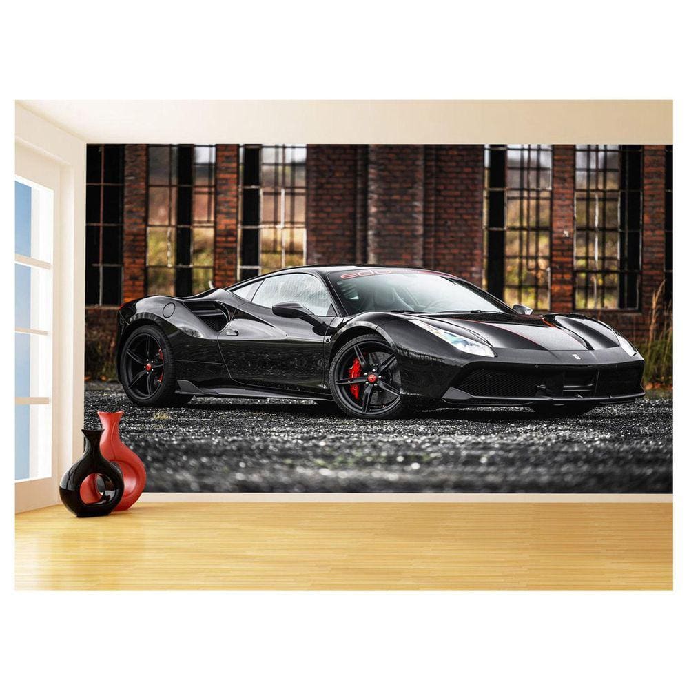 Papel De Parede 3D Carro Ferrari Preto Garagem 3,5M Car163