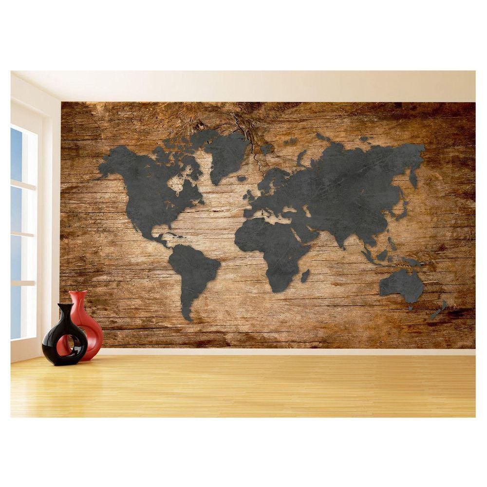 Papel De Parede 3D Mapa Mundi Madeira Concreto 3,5M Nmu21