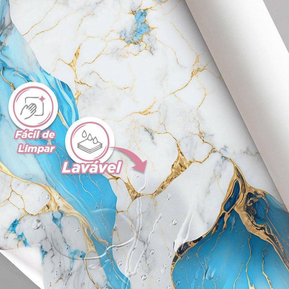 Papel De Parede Painel 3D Mármore Branco Dourado Azul 1M
