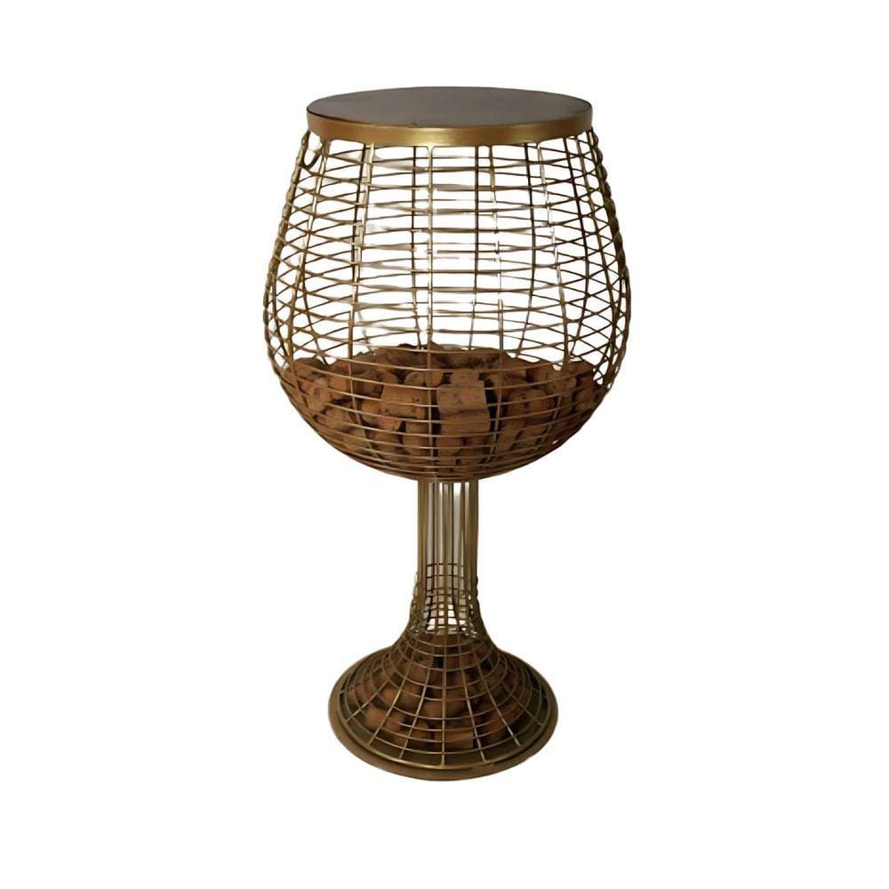 Mesa Porta Rolhas de Chão Dourada com Tampa de Madeira Pinus 77cm