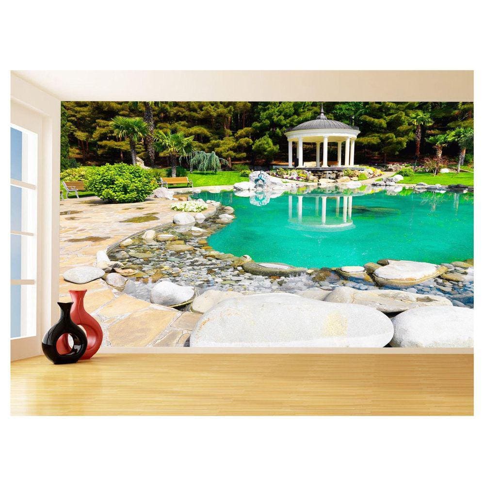 Papel De Parede 3D Jardim Lago Pedras Gazebo 3,5M Jjp45