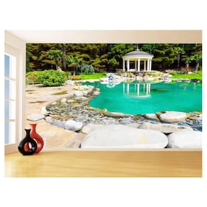 Papel De Parede 3D Jardim Lago Pedras Gazebo 3,5M Jjp45