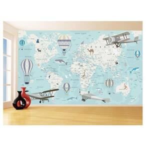 Papel De Parede 3D Mapa Mundi Kids Avião Balão 3,5M Nmu89