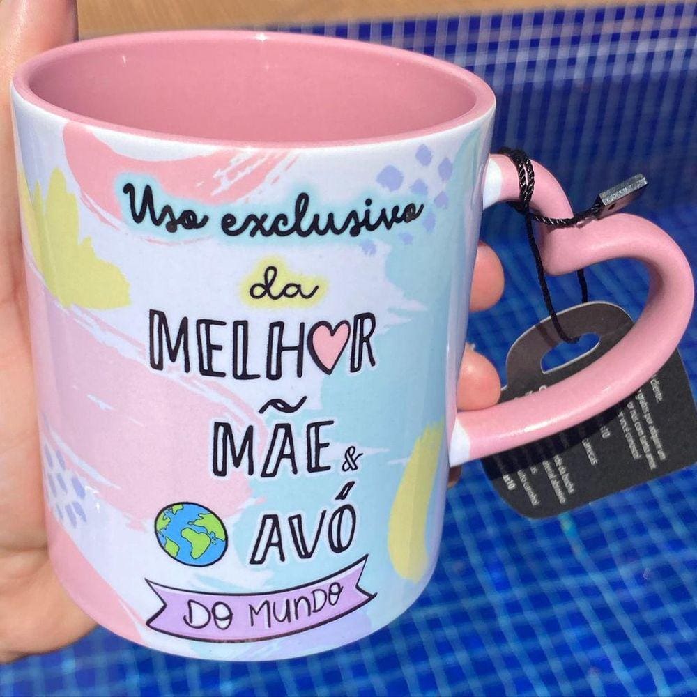 caneca MÃE e AVÓ - Uso exclusivo da melhor mãe e avó do mundo - cerâmica 325 mL com alça coração rosa