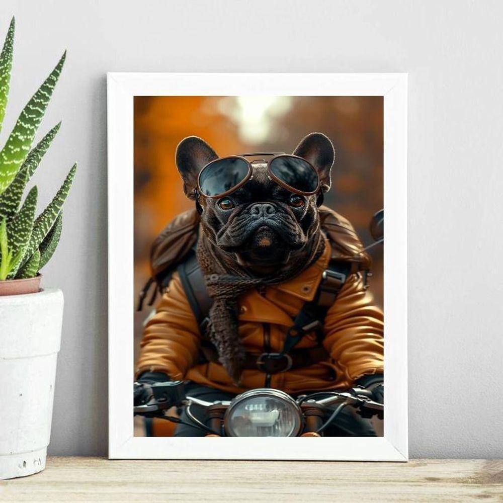 Quadro Bulldog Francês Motociclista 33X24Cm - Com Vidro